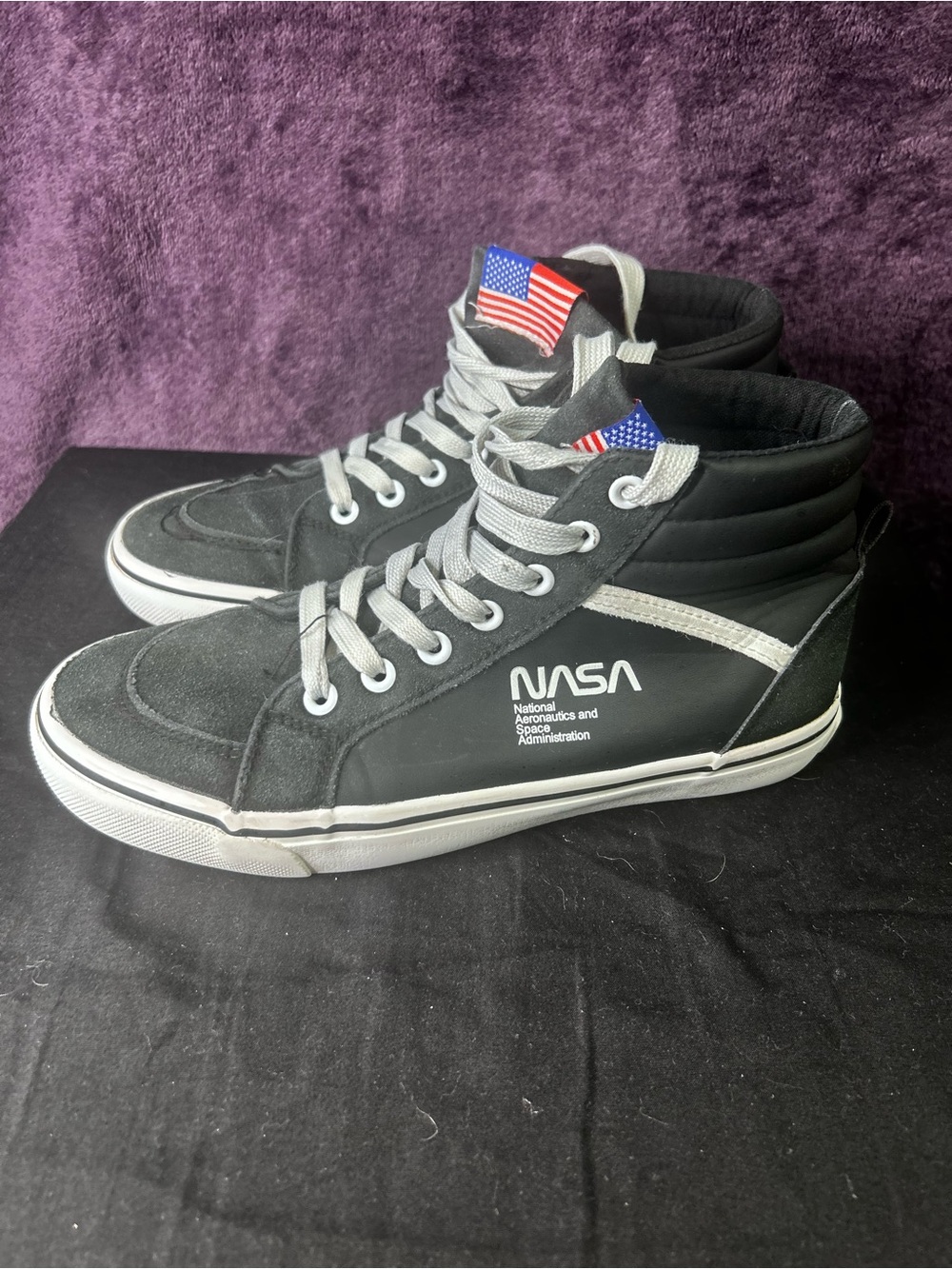 Vans NASA Black and White High-Top Sneakers with American Flag Tab